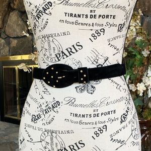 Vintage Black Suede Belt Gold Accents Oval Buckle